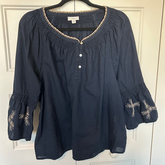 J. Jill Navy Blue Peasant Embroidered Bell Sleeve top - petite large - navy/tan - Picture 4 of 6